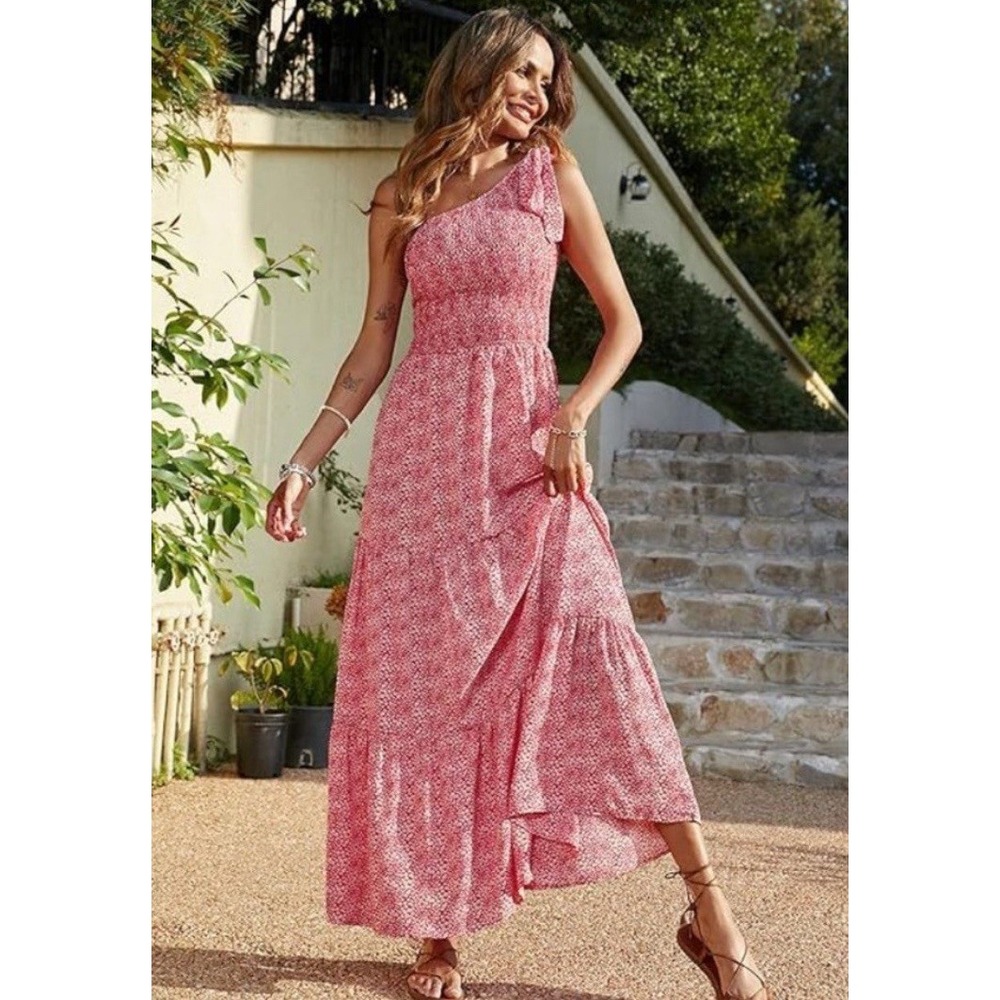 PrettyGarden One Shoulder Red Floral Smocked Maxi Dress Women Small GREAT